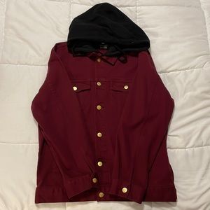 Burgundy color, denim light jacket with black hoodie attached